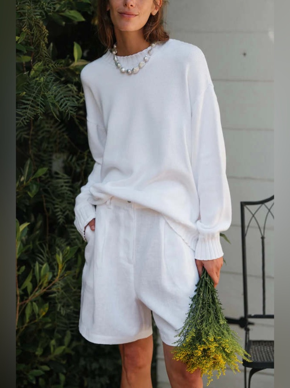 Donni Large White Cotton Knit Crewneck Sweater